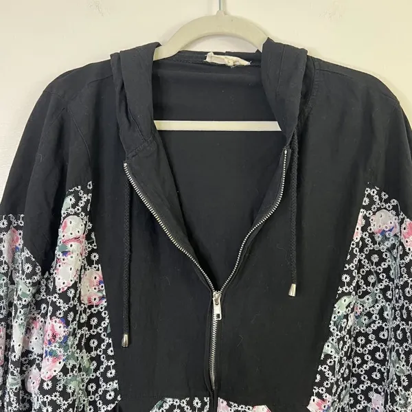 Entro Floral Embroidered Crochet Zip Up‎ Hoodie Hooded Sweatshirt 100% Cotton - Image 3
