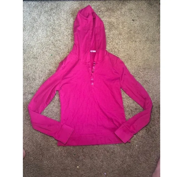 Moda International Womens Medium Magenta Pink Henley Hoodie‎ Long Sleeve Top - Image 2