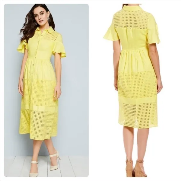Belle Badgley Mischka Dailey Eyelet Linen Shirt Dress in‎ Yellow Size 0 - Image 10