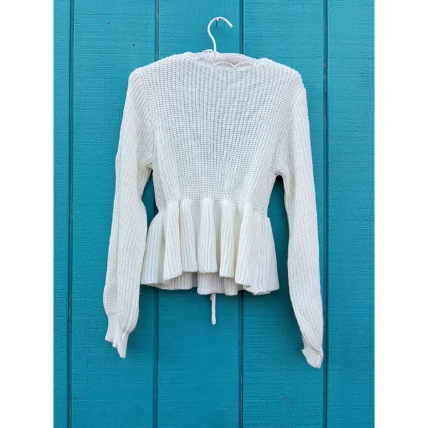 Scallop Ruffle V-Neck Peplum Ribbed Knit Sweater Balloon Sleeve Drawstring Waist - Image 6