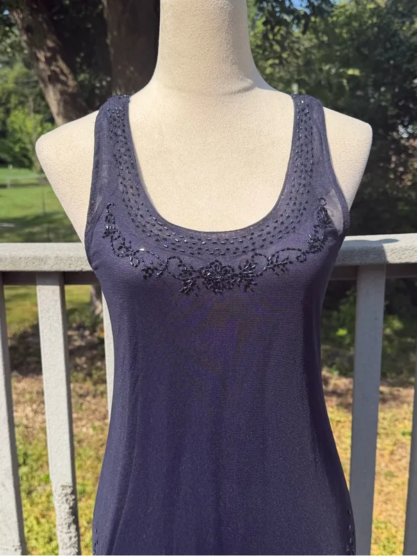 American Eagle Navy Beaded Mesh Hem Dress XS Y2K Boho Glam Embellished - Image 8