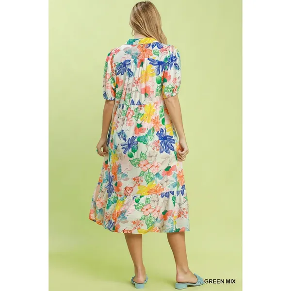 Umgee Watercolor Floral Tiered Midi Dress - Green Mix - Large - Image 3