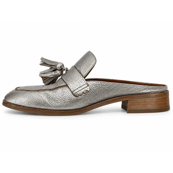 Aquatalia Size 10 Stella Metallic Tumbled Mules Platinum Women's Tonal Tassels - Image 2