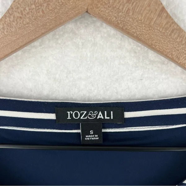 Roz & Ali Nautical Navy Blue White Striped Stretch Jersey Knit Keyhole‎ Dress - Image 3