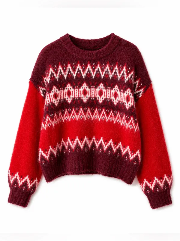 LOFT Women’s Fuzzy Fair Isle Oversized Sweater Small Red Burgundy Wool Blend - Image 2