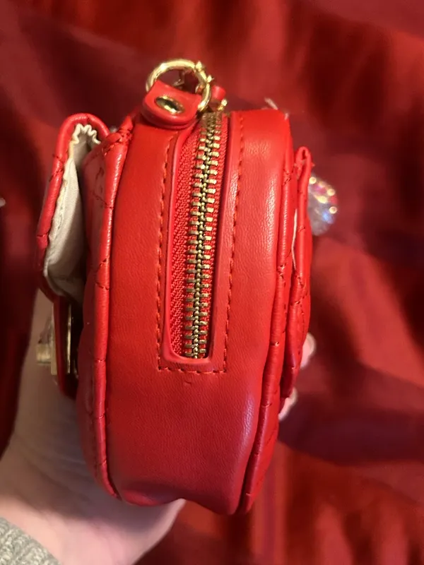 Bebe Red Quilted Heart Crossbody Bag with Gold Chain Charms - Image 6