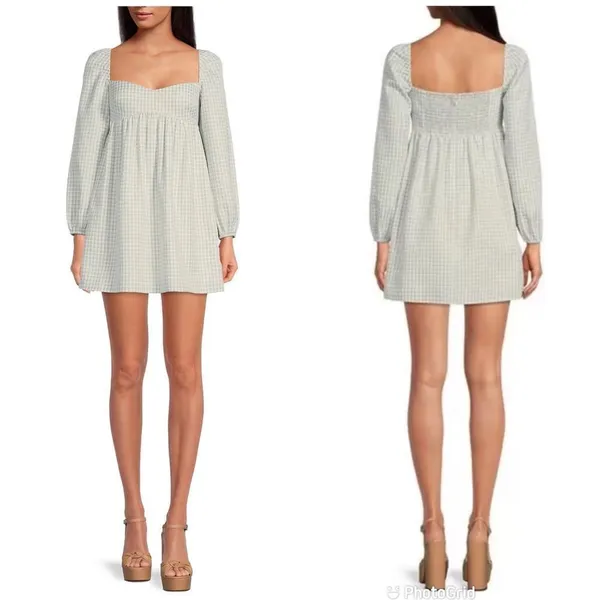 GIANNI BINI Green Gingham Mini‎ Peasant Dress Long Sleeves Low Cut Size 8 New - Image 5