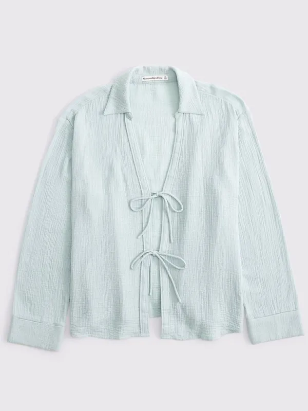 Abercrombie & Fitch Long-Sleeve Oversized Tie-Front Gauzy Shirt Size L - Image 2