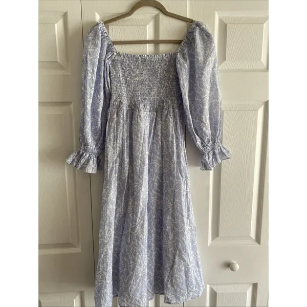 o.p.t. Floral Smocked Midi Dress‎ Womens Size S Blue White Puff Sleeve Toile - Image 8