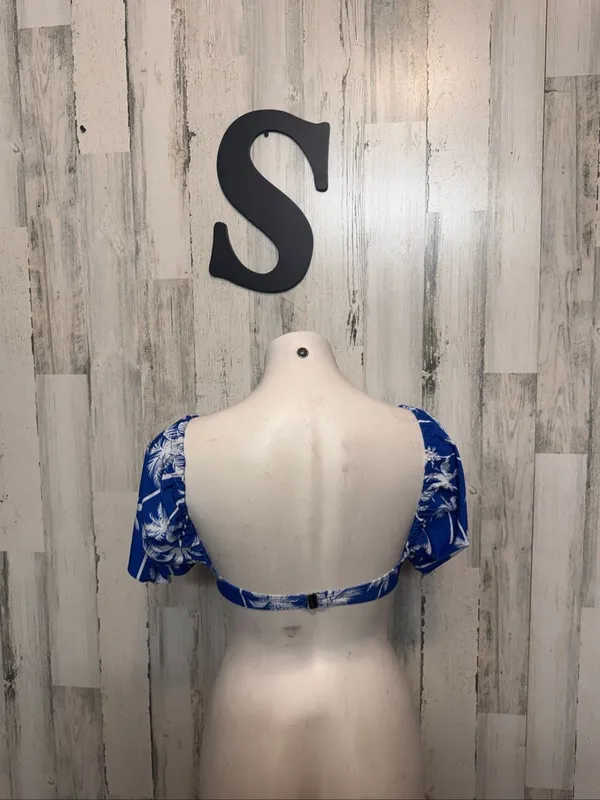 SHEIN Tropical Palm Print Puff Sleeve Bikini Top Womens Small Blue White Underwire - Image 2