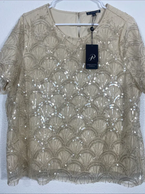 NWT Adrianna Papell Sequin Blouse Top Champagne L - Image 3