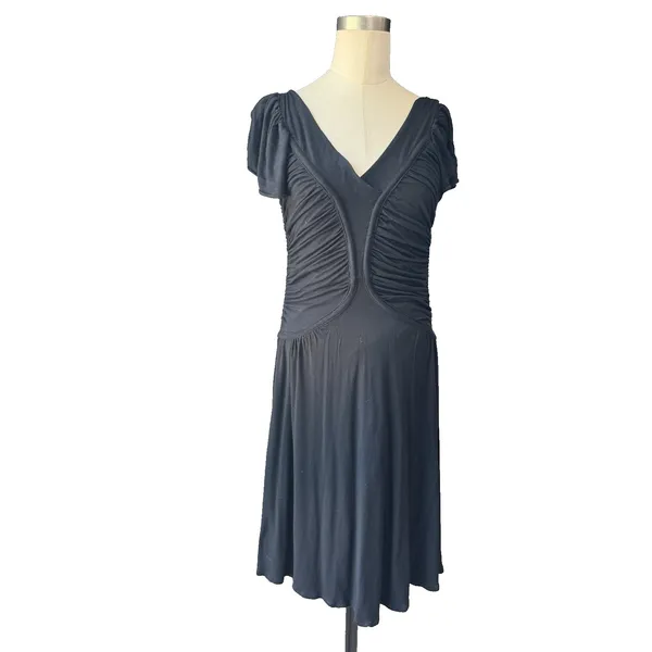 Zara Black Draped Mini Dress Size M Flutter Sleeve Ruched V-Neck Cocktail Party - Image 2