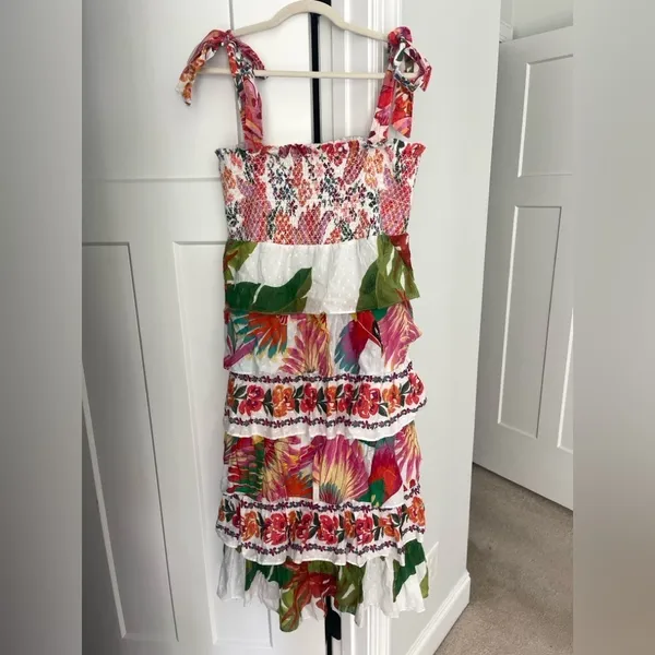 NWT Farm Rio Dress MIXED WHITE PRINTS Layered Dress Off‎ White smocked tie strap - Image 2