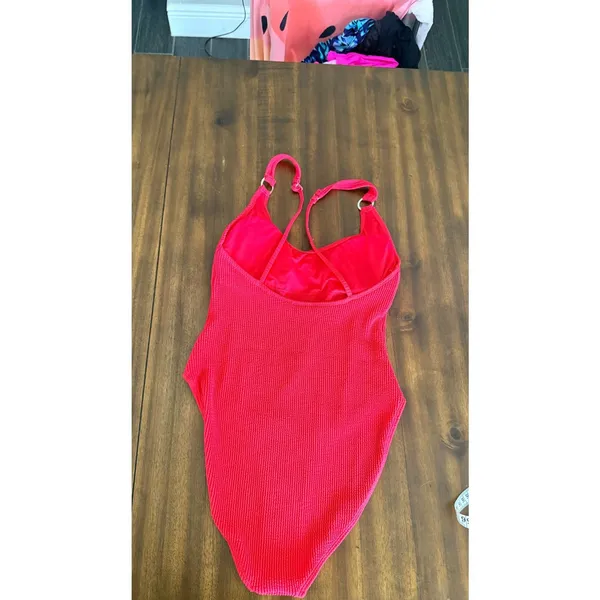 Bikini Bliss Women Hot Pink Crinkle Textured One Piece Swimsuit Size‎ L High Cut - Image 7