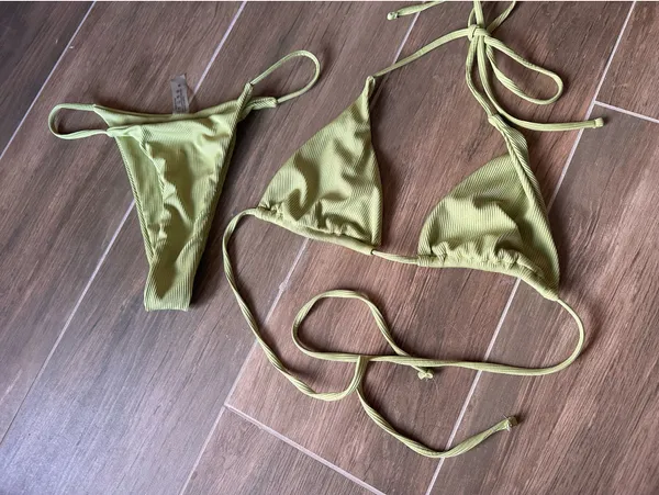 Olive Green Ribbed Triangle Bikini Set Size M Size M - Image 9