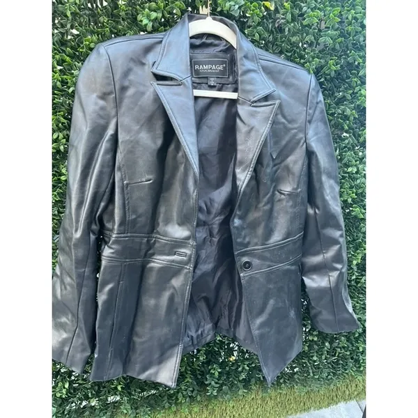 Vintage Rampage 90s Black Faux Leather Blazer Jacket Single‎ Button Medium - Image 2