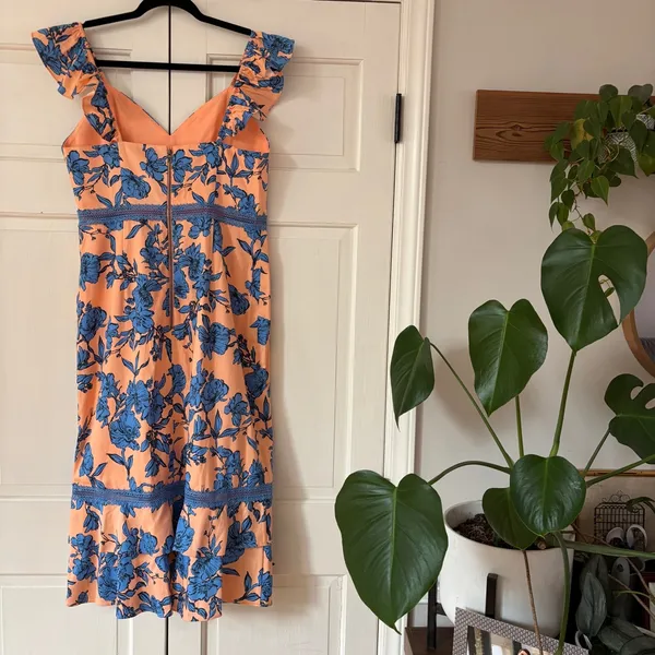 Alice + Olivia Jade Ruffled Floral Midi Dress Coral Blue Lace‎ Illusion Size 12 - Image 12
