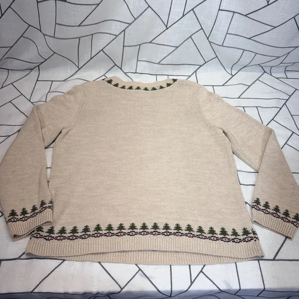 Christopher & Banks Sweater Medium Tan Santa Hand Embroidered‎ Christmas Holiday - Image 6