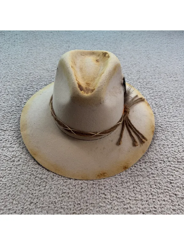 TULUMINATI Distressed Wool Felt Rancher Hat Sand Ivory Western Boho Festival M - Image 3