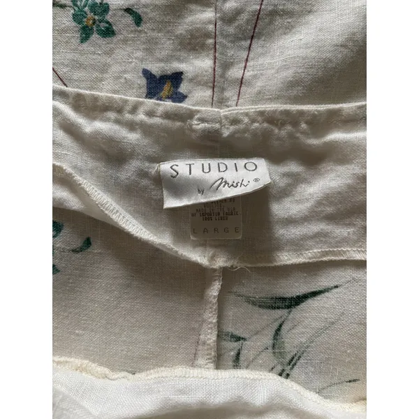 Vintage Linen Midi Dress Womens Large Cream Floral Garden Prairie Cottagecore - Image 4