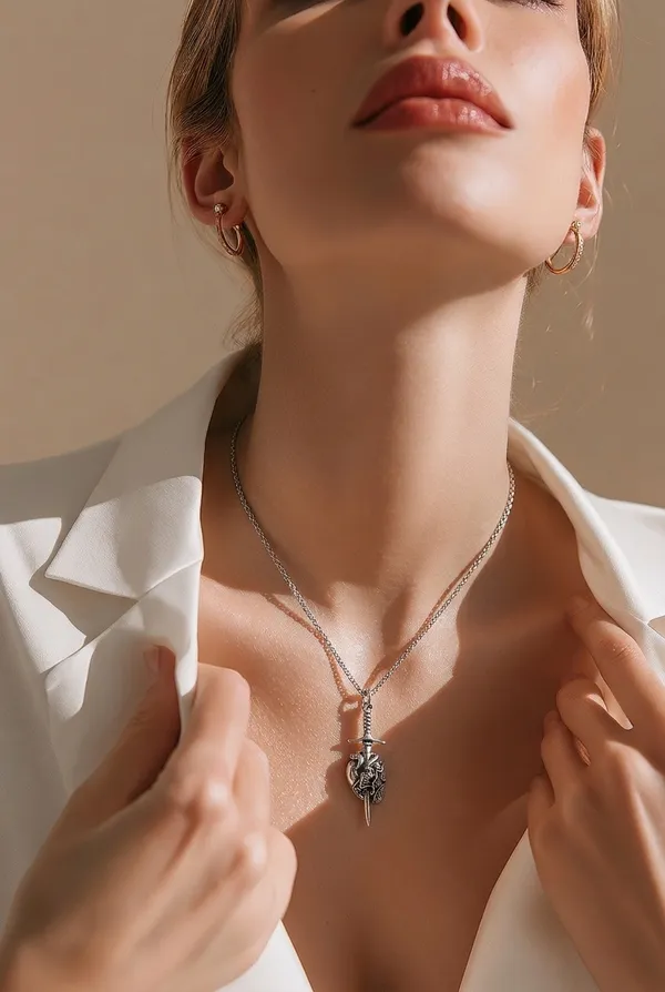 &merci Vintage/Gothic Design Dagger through Heart 24” Pendant Stainless Silver Necklace - Image 2