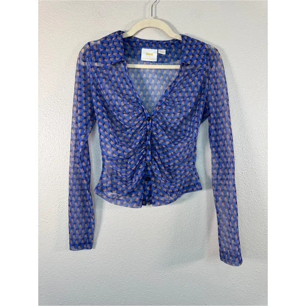 Maeve Anthropologie Blue Sheer Ruched Blouse Womens M Girly Romantic Shirt Top - Image 7