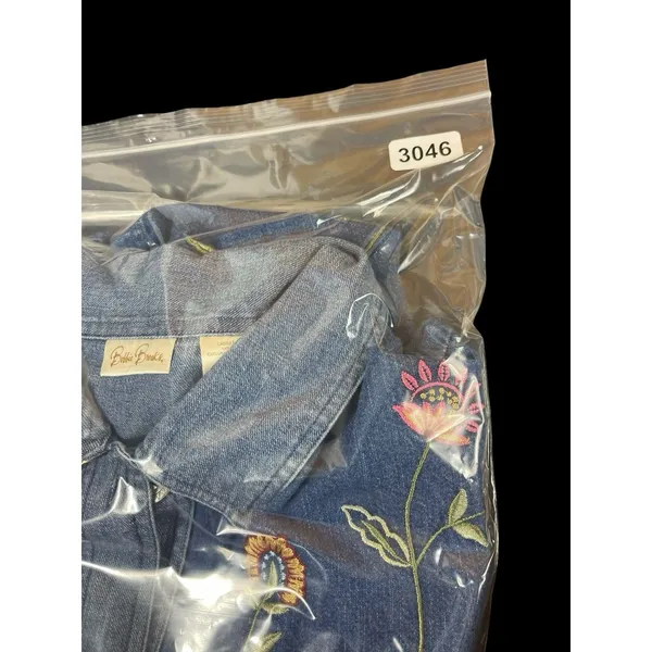 VTG 90s Bobbie Brooks Embroidered Floral Mixed Denim Shirt Button Up L Boho - Image 13