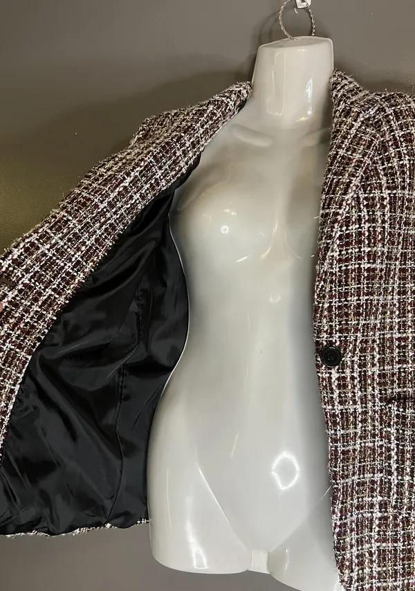 Mi Ami Blazer Womens Small Multicolor Tweed Check One Button Lined Notch Lapel - Image 6