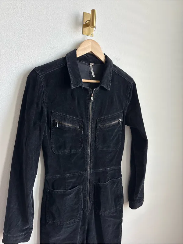 Free People Corduroy Jumpsuit Black Utility Zip Front Coveralls Small - Image 9