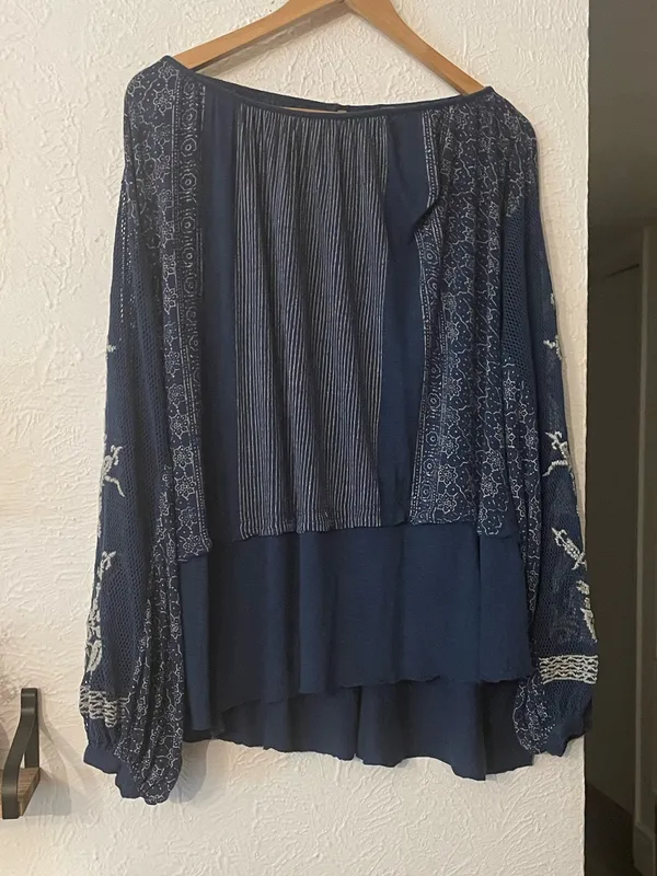 Free People Blue Embroidered Boho Indigo Dreams Tunic Top Medium - Image 4
