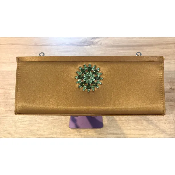 Bronze Satin Evening Clutch‎ Bag Green Rhinestone Brooch Beaded Handle Crossbody - Image 2