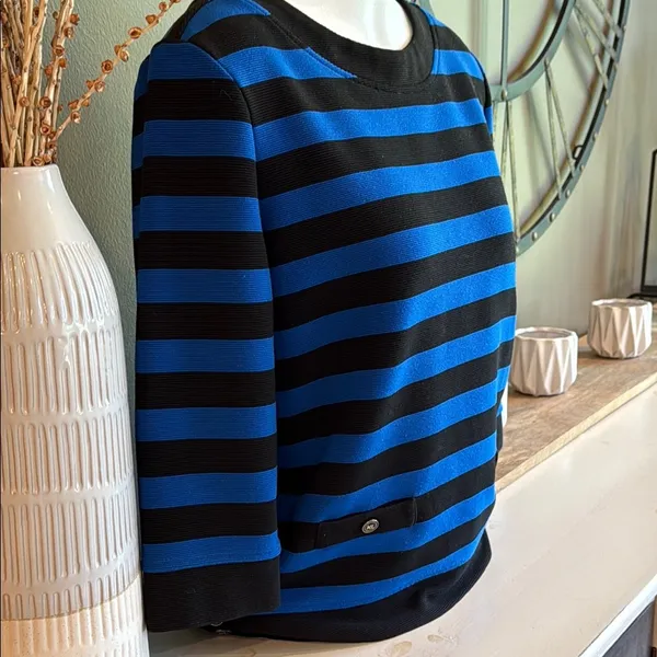 KARL LAGERFELD Vintage Blue & Black Stripe Knit Top Small Designer Grandmacore - Image 2