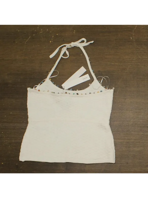 Aqua Womens Crochet Pebble Knit Halter Top GMS58615 White M - Image 2