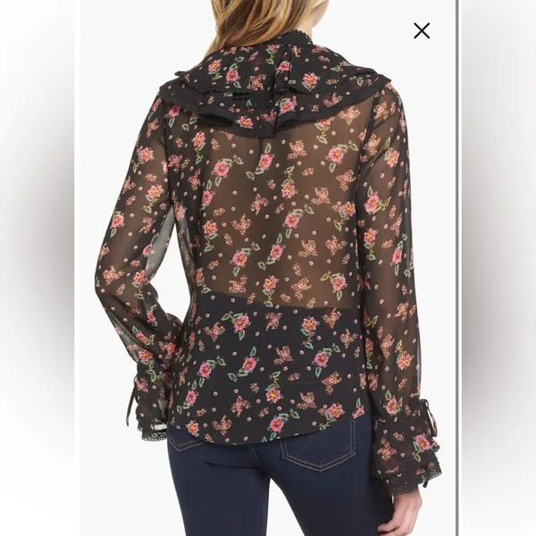 Rebecca Minkoff Devy Black/Pink Floral Ruffle Bell Sleeve Blouse Size Small - Image 2