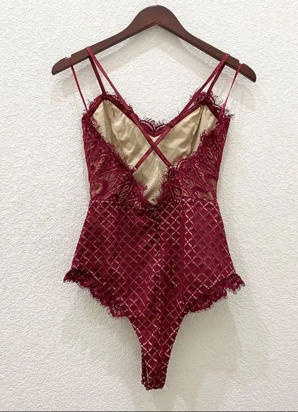 AKIRA Burgundy Lace Bodysuit M - Image 4