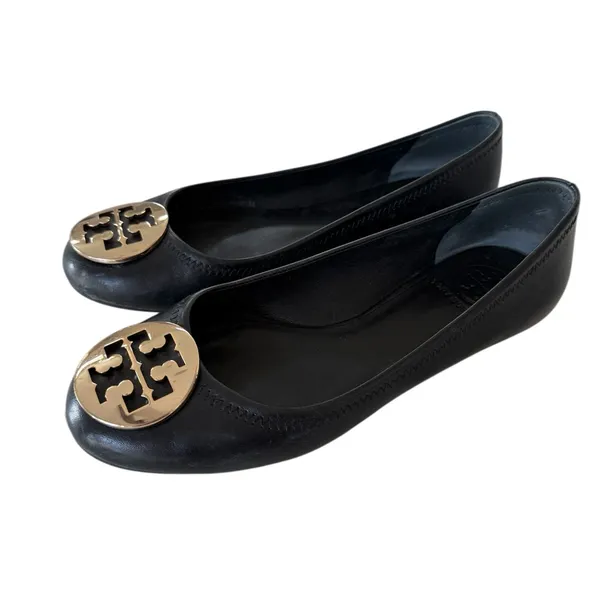 Tory Burch Black Leather Reva Logo Round-Toe Ballet Flats - Image 4