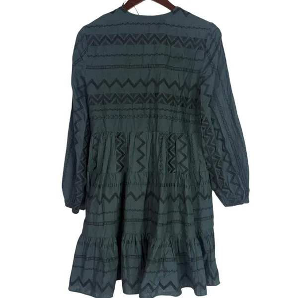 Zara Boho Oversized Embroidered Long Sleeve Mini Dress Tassel V Neck XS Green - Image 14