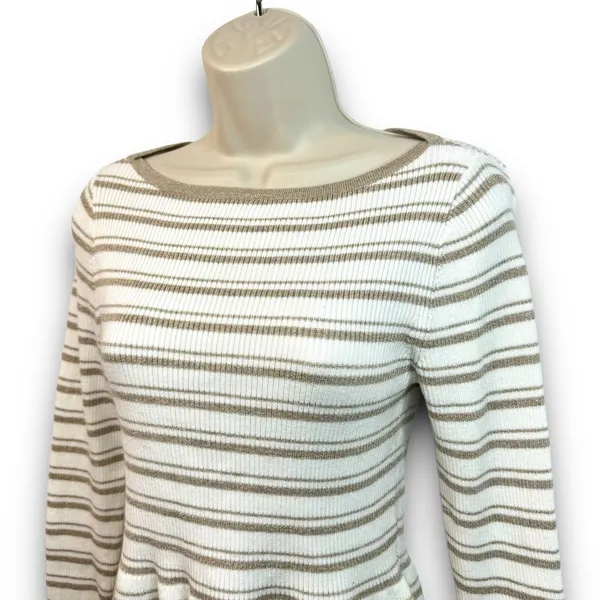 White House Black Market Cream Tan Striped Peplum Ribbed Knit Sweater Size Small - Image 2