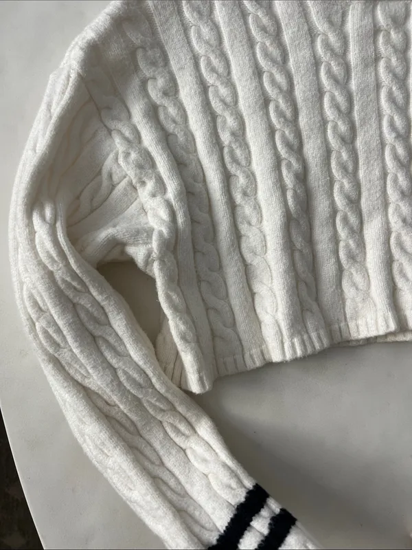 EDIKTED Cropped Cable Knit Ivory Stripe Contrast Sweater Preppy Academia Small - Image 3