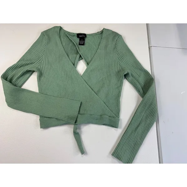 rue21 Sage Green Ribbed Knit Wrap Top Open Back‎ Long Sleeve Crop Top - Image 2