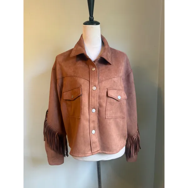Brown Faux Suede Fringe Western Shacket Brown boho retro y2k Jacket Medium bohem - Image 3