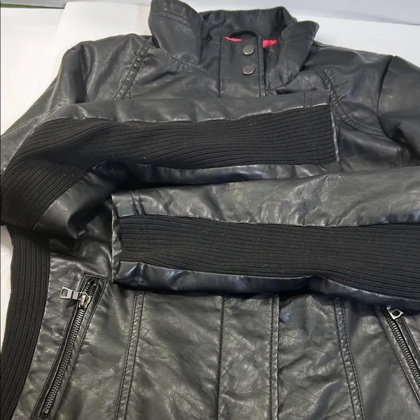 Black Faux Leather Jacket with Pink Lining Size L - Image 14