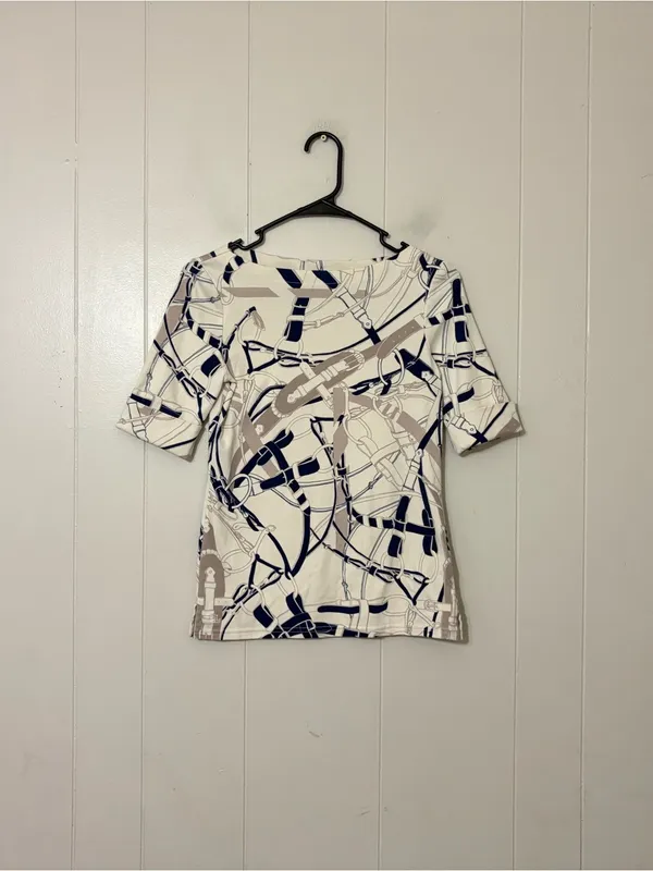 Lauren Ralph Lauren Belt Print Boatneck Top Navy Cream Equestrian Stretch Tee S - Image 3
