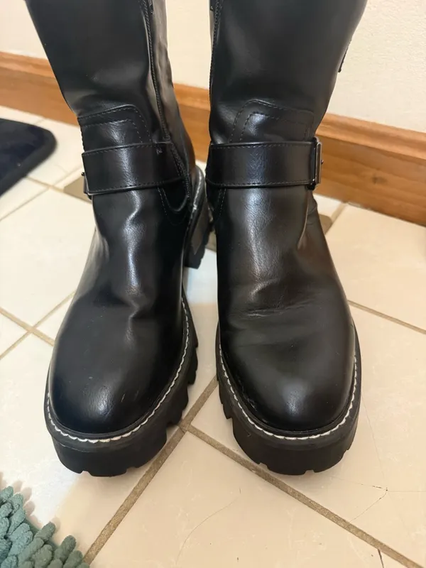 Universal Threads | Black Leather Mid-Calf Combat Boots with Buckle Strap - Image 10