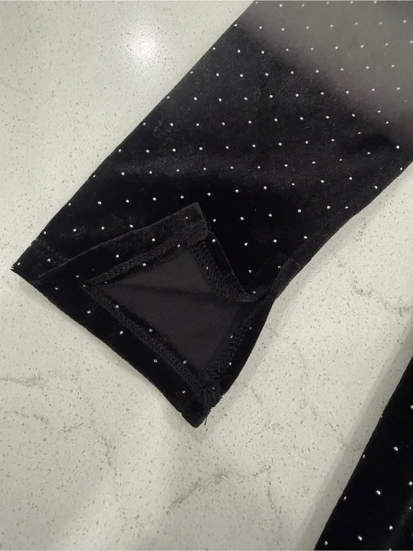 miami Black Velvet Long Sleeve Mini Dress with Silver Dot Detail - Image 3