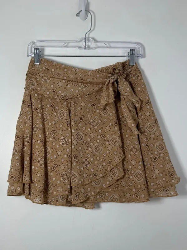 Aerie Women’s Small Chiffon Wrap Skirt Paisley Brown Bandana Print Boho Summer - Image 2