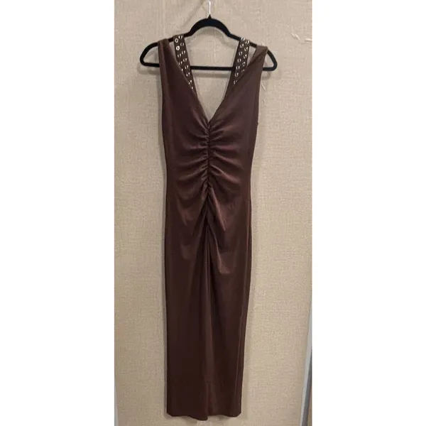 Maeve Sleeveless V-Neck Studded Ruched Brown Midi Sheath Dress Size S - Image 5