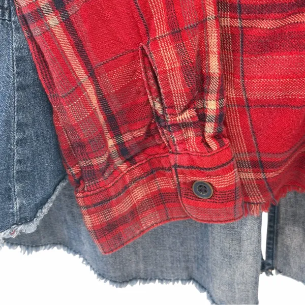 Free People Runaway Plaid & Denim Mixed Media High Low Button Down Shirt M - Image 11