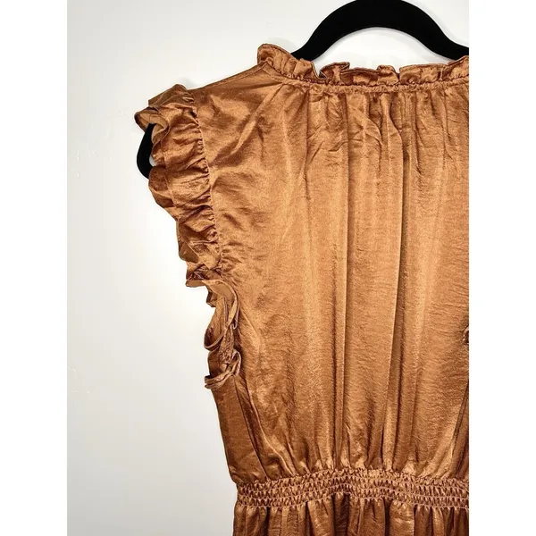 NWT Steve Madden Prairie Dreams Mini‎ Dress Apricot Satin Ruffle Smocked Small S - Image 9