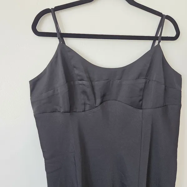 Black Satin Slip Maxi Dress Slit Empire Waist Formal Black Tie Cocktail XL - Image 4